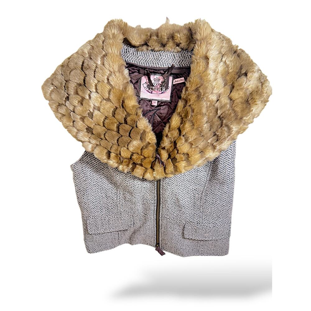 Vintage Juicy Couture XL Herringbone Tweed Vest Faux Fur Collar Y2K Glam